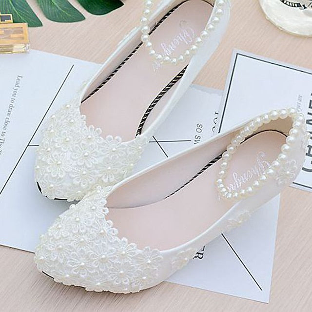 White Decorated Lace Pearl Floral Heels – Women's Wedding