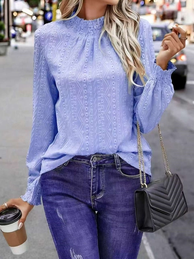 Women's Popover Shirt Casual Shirt Blouse Eyelet Solid