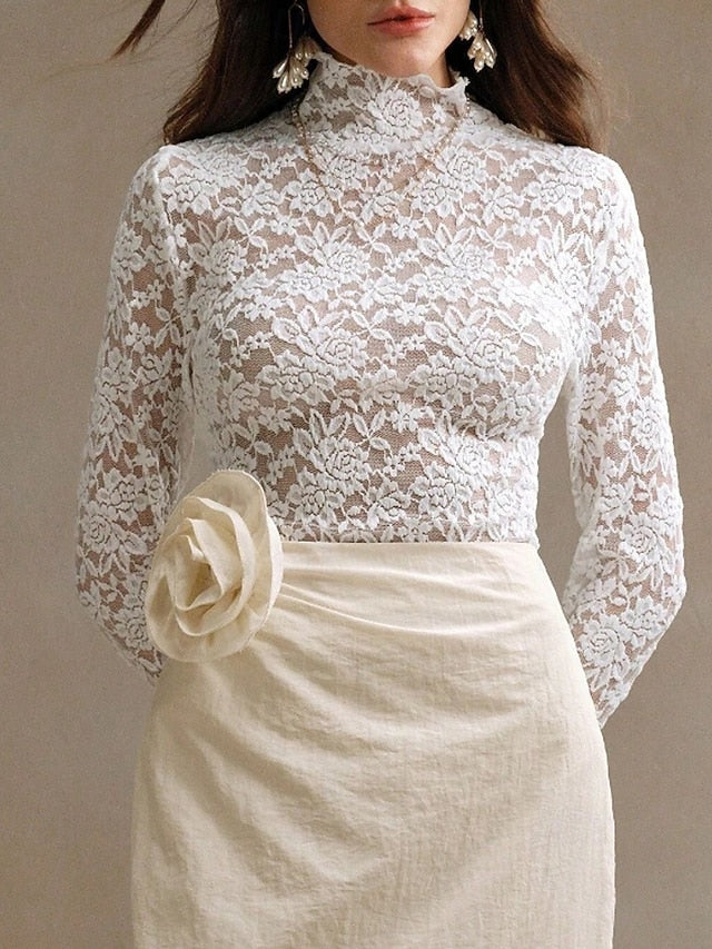 Women's Blouse Lace Tops Lace Plain Stylish Long Sleeve