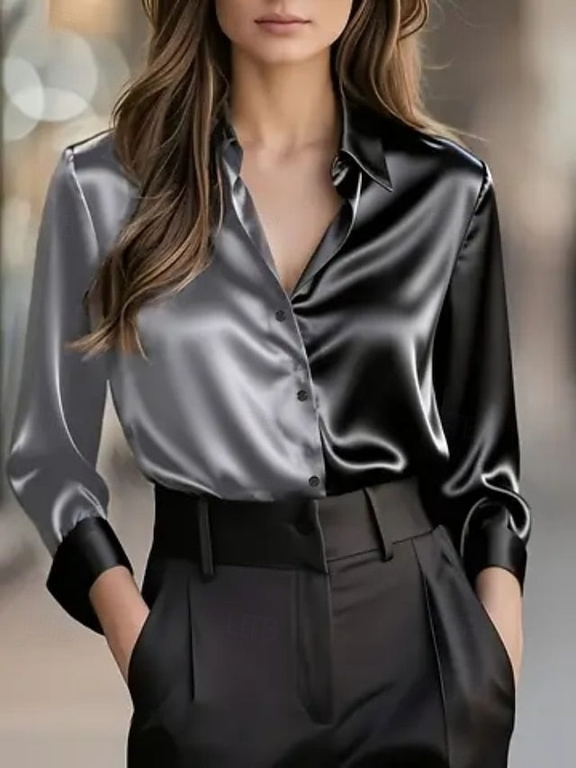 Women's Elegant Dressy Satin Top Blouse Buttons Plain
