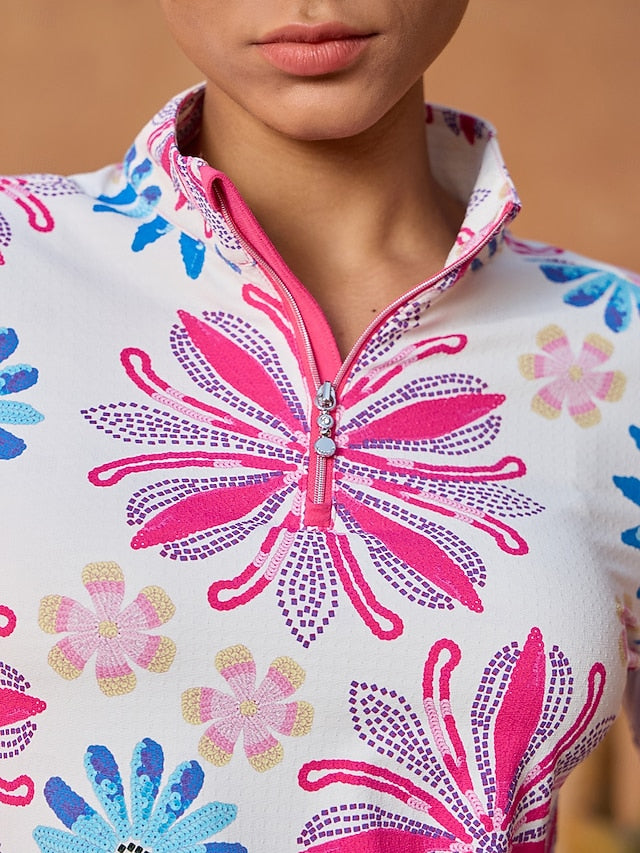 Women's Golf Polo Shirt Blue Pink Long Sleeve Top Ladies