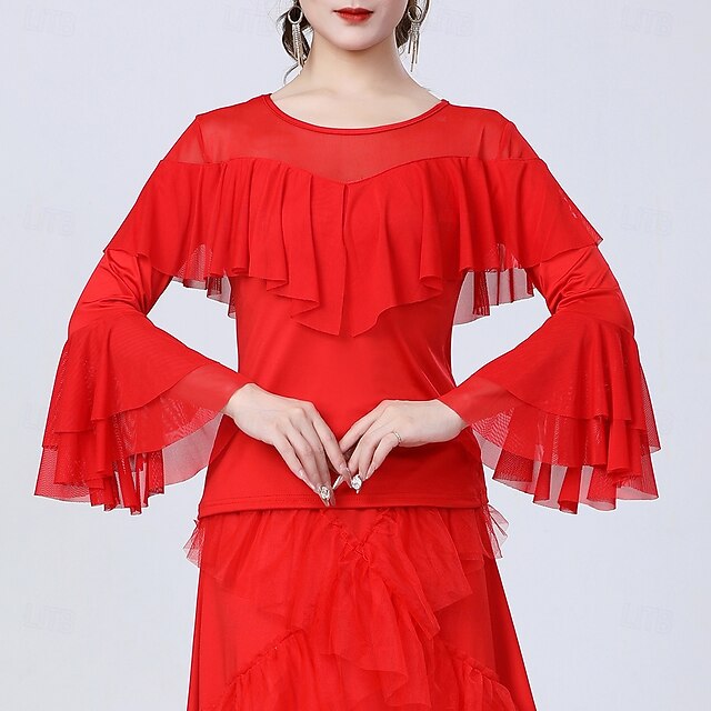 Latin Dance Top Ruffles Pure Color Splicing Women's
