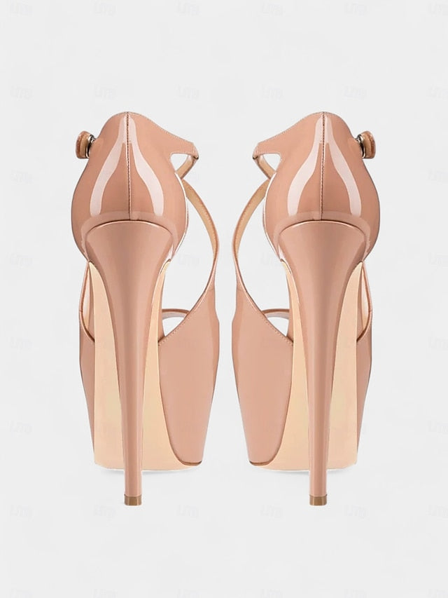 Patent Cross Red Black Stiletto Heels and Platform with Leather