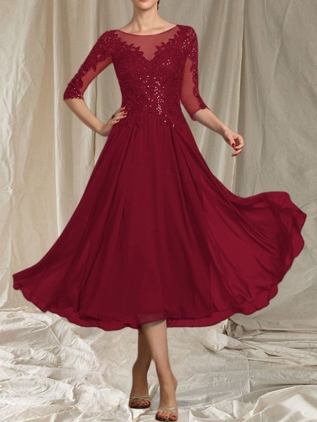 Elegant the of Wedding Bride Mother Neck Crew A-Line Dress Guest