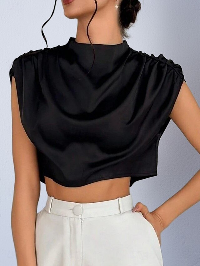 Women's Shirt Satin Shirt Blouse Wrap Crop Top Ruched Plain