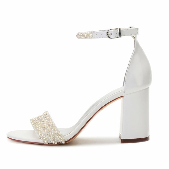 Ankle Block White Ivory Strap Embellished Women's Pearl