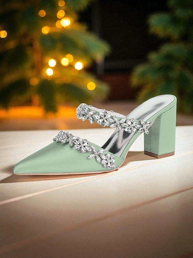 Block Heel Floral with Women's Black Mules Satin Rhinestone