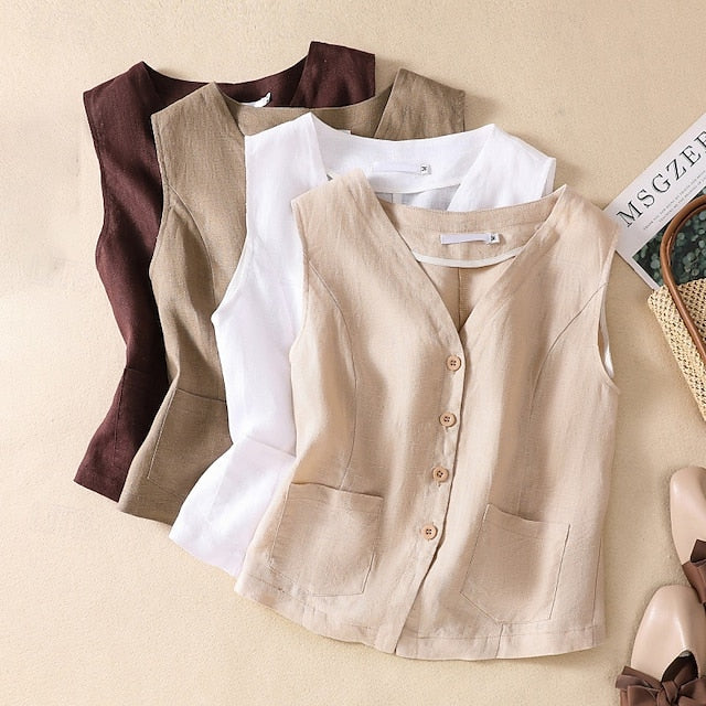 Women's Faux Cotton Linen Plain Modern Casual Sleeveless V