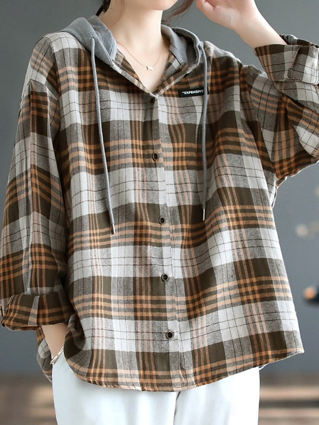 Women's Blouse Buttons Print Plaid Stylish Casual Long