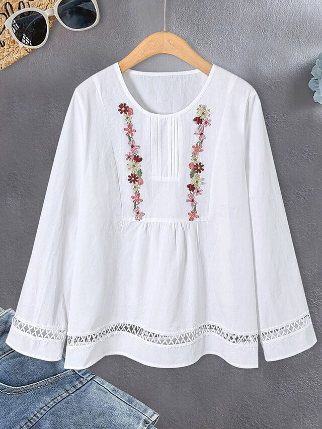Women's Shirt Blouse Ruched Patchwork Embroidered Floral