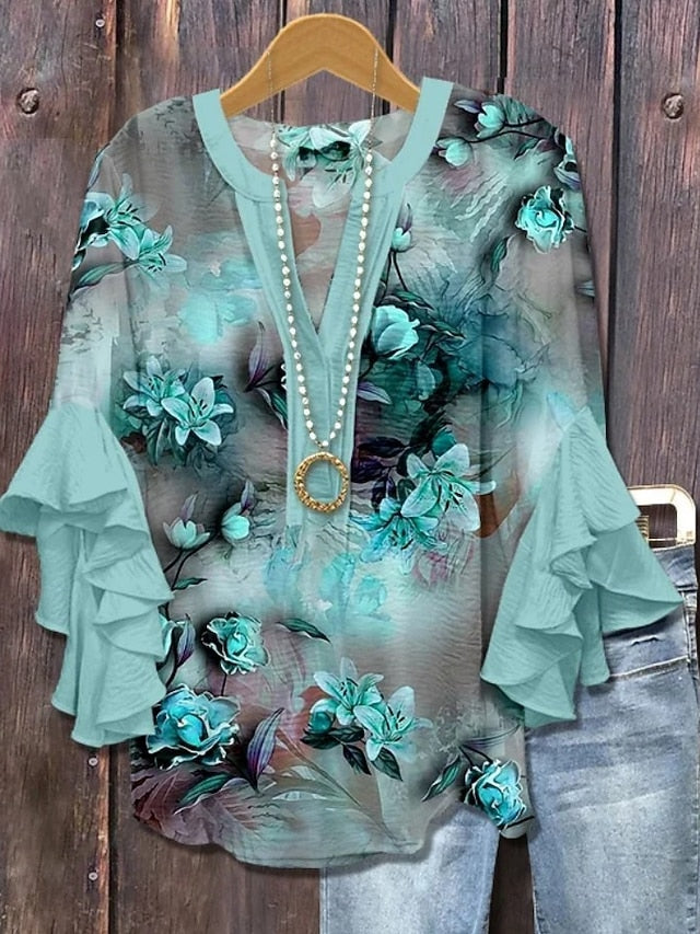 Easter Women's Blouse V Neck Floral Graphic Elegant Bohemia