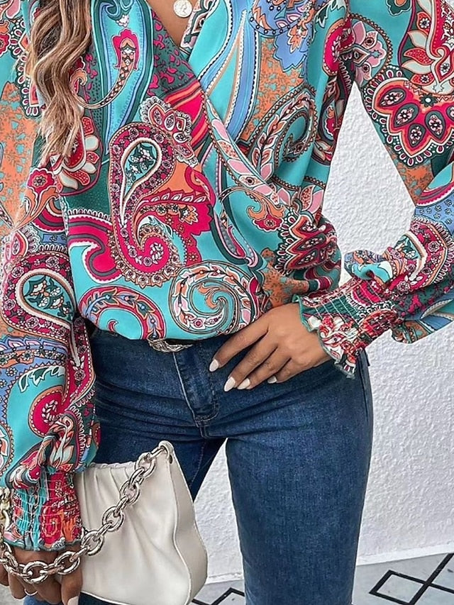 Women's Shirt Blouse Print Floral Casual Long Sleeve V Neck