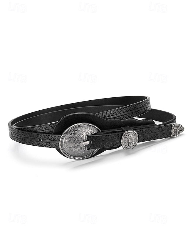 Faux Women's with Leather Belt Vintage Carved Waist Western