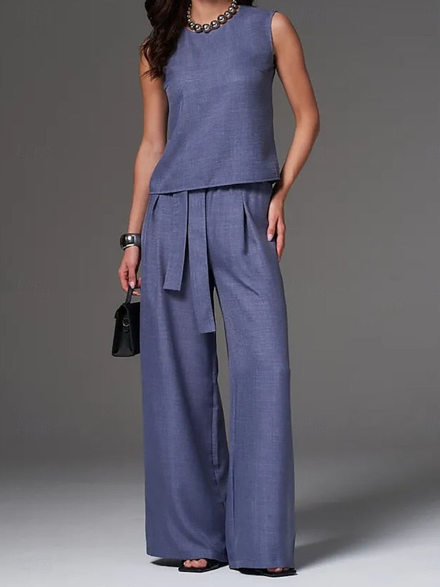 Women's Pants Sets Bolero Top Sleeveless Round Neck Plain