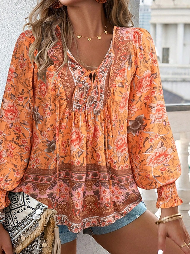 Women's Boho Shirt Blouse Print Flower Modern Boho Long