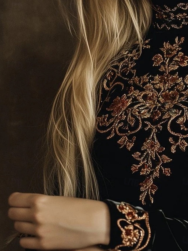 Women's Velvet Blouse Embroidered Floral Stylish Basic