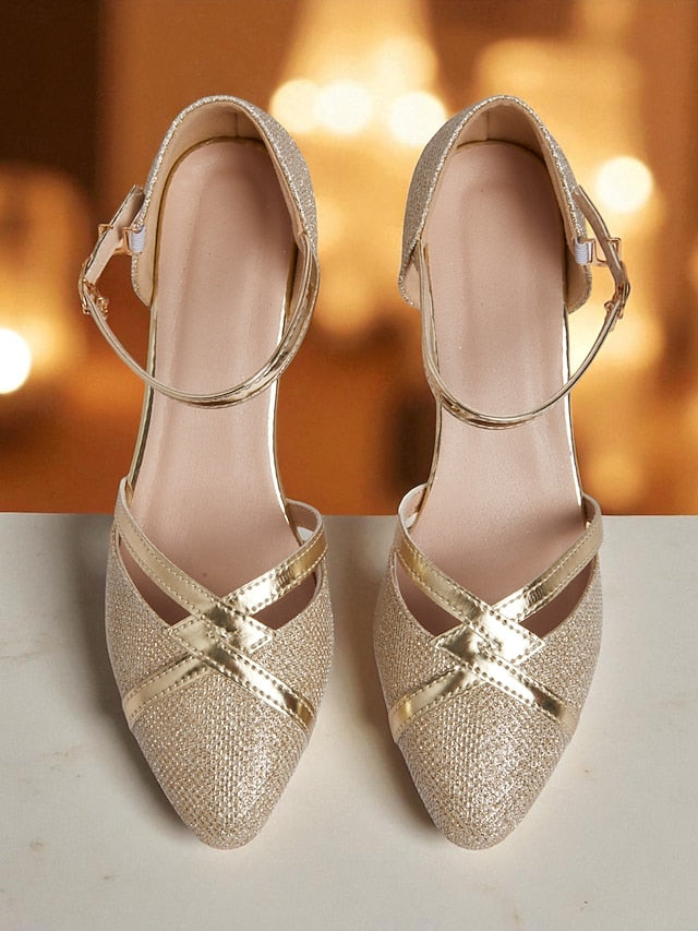 Strap Heel Women's Elegant - Ankle Glitter Pumps Block Gold