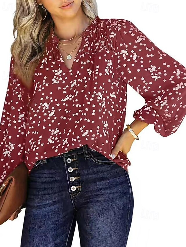 Women's Blouse Ruched Print Polka Dot Vintage Stylish Long