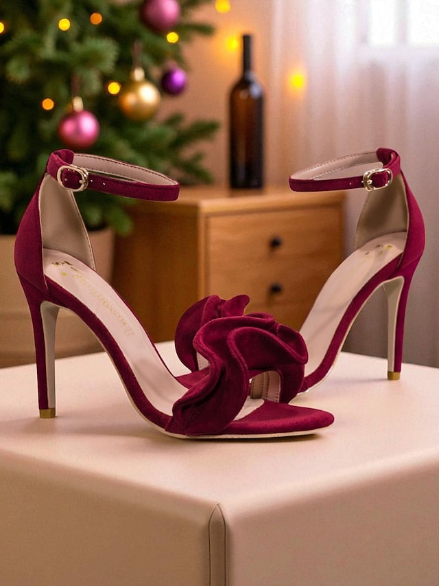 Heel Velvet Ankle Strap Red Elegant High Women's Sandals -