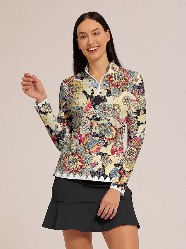 Women's Golf Polo Shirt Light Yellow Blue Long Sleeve Top