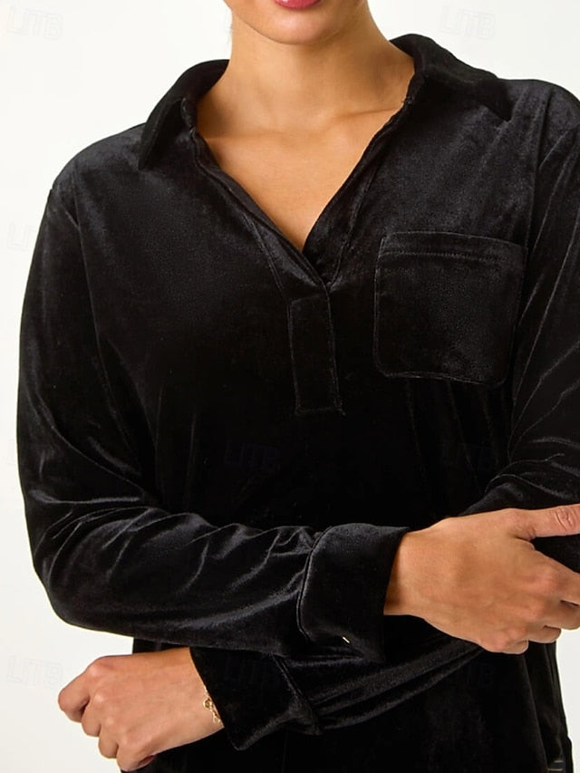 Women's Velvet Blouse Buttons Plain Vintage Stylish Long