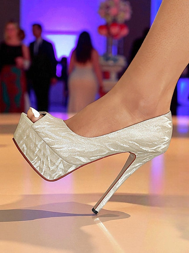 Pattern Heels Peep-Toe Silver Subtle Platform with Women's