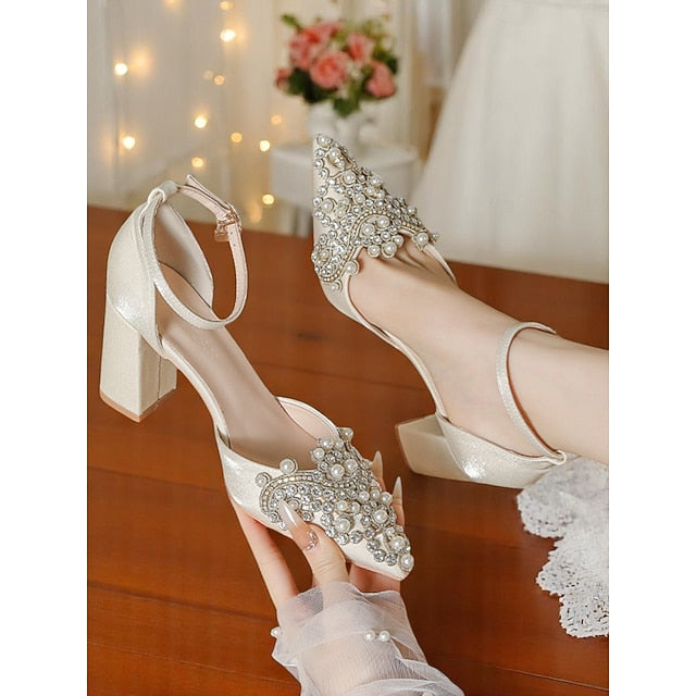 and Heel Block Pearl Wedding Embellished Women's Rhinestone