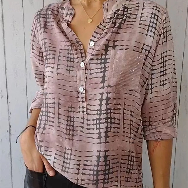 Women's Blouse Dressy Tops Ruched Patchwork Pocket Plaid
