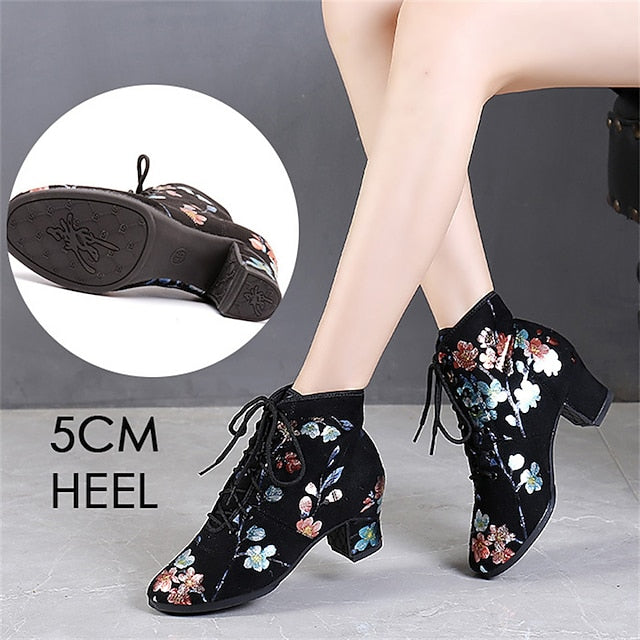 Black Low Floral Lace-up Comfortable Women Dance Shoes for –