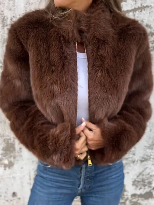 Faux Casual Warm Plain Coat Women's Fur Zipper Breathable