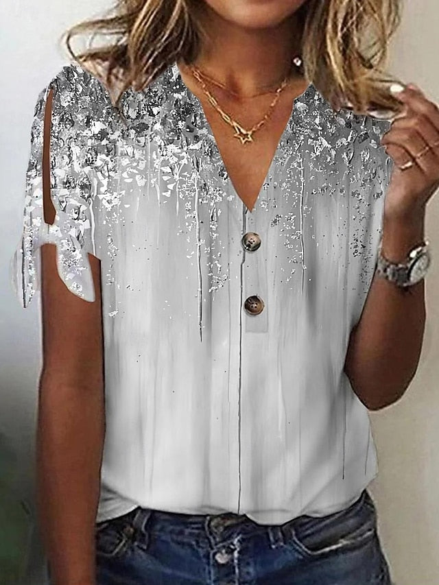 Women's T shirt Tee Graphic Print V Neck Tie Short Sleeve