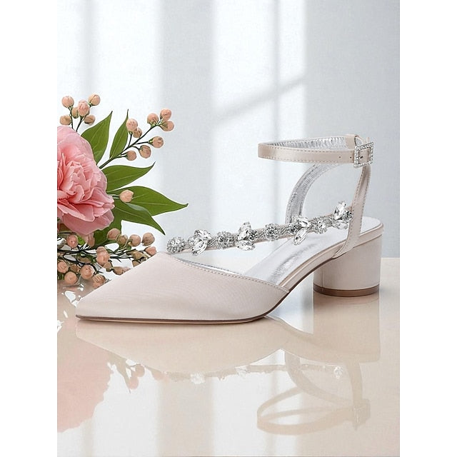 Heel Women's Purple Pumps Satin with Block Rhinestone