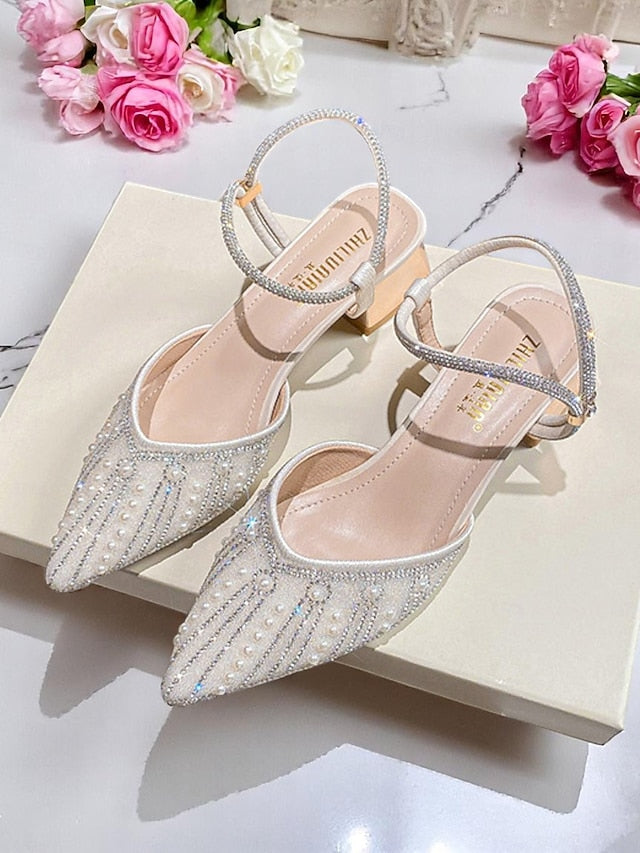 Ivory Toe Pointed Heels Block with and Pearl Women's