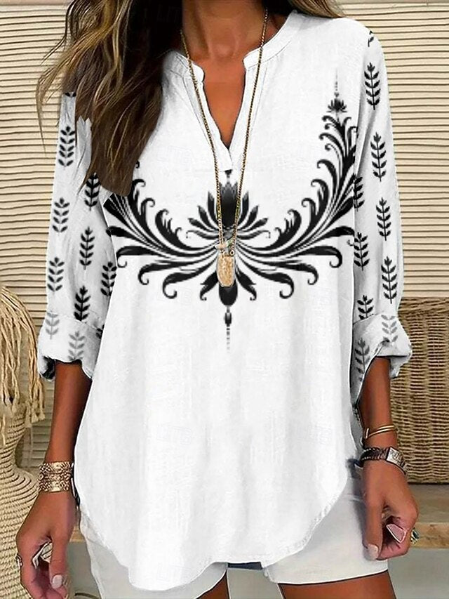 Women's Blouse Print Floral Stylish Modern Long Sleeve V