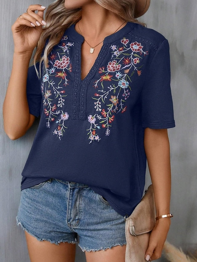 Women's Shirt Blouse Embroidered Floral Stylish Casual