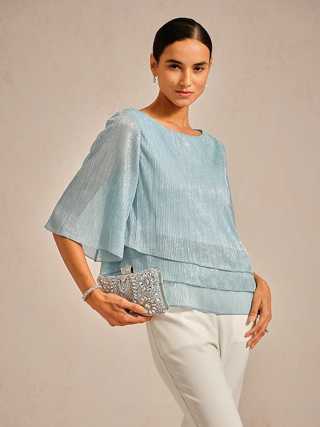 Women's Blouse Chiffon Tops Pleated Layered Metallic