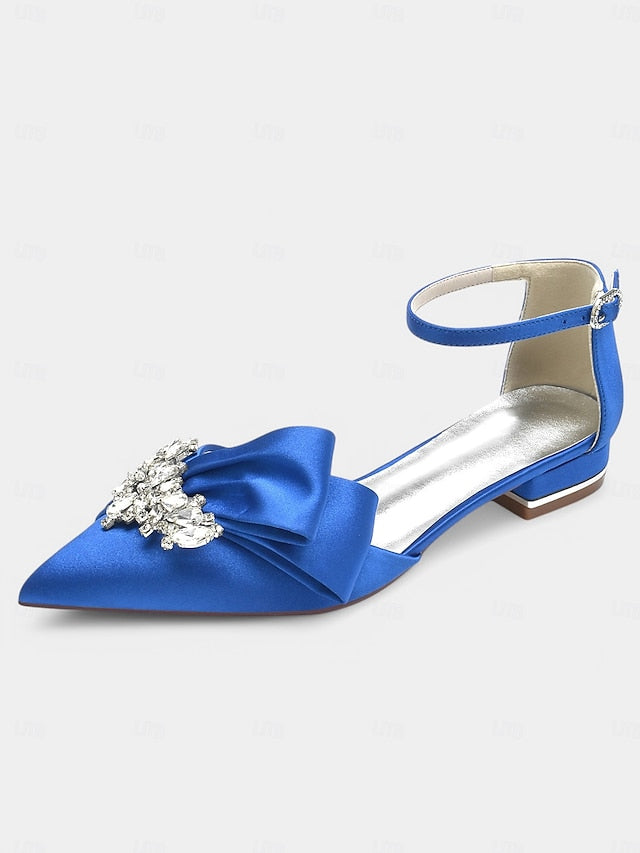 Rhinestone Satin Pointed-Toe Ankle White and Heels with Bow