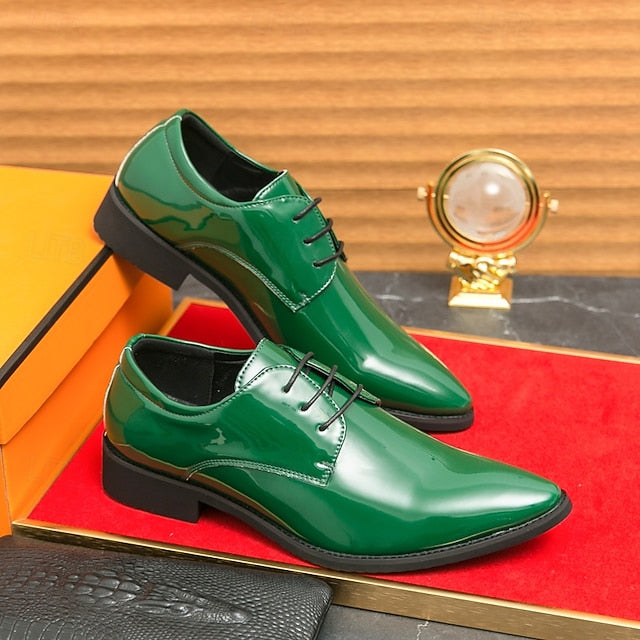 Formal for Green Leather Patent Shoes Glossy Men Lace-Up –