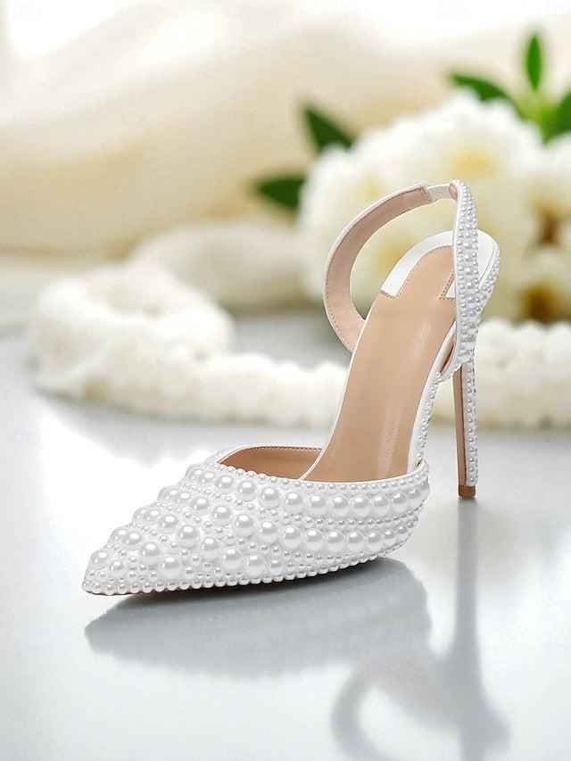 Women's White - Leather Heels Pearl-Embellished Slingback