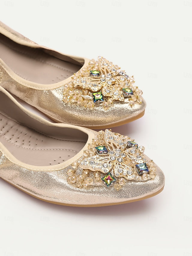 Gold Women's Crystal Foldable Glitter Flats with
