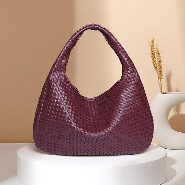 Woven Bag Faux – Burgundy Leather Hobo Women's Chic