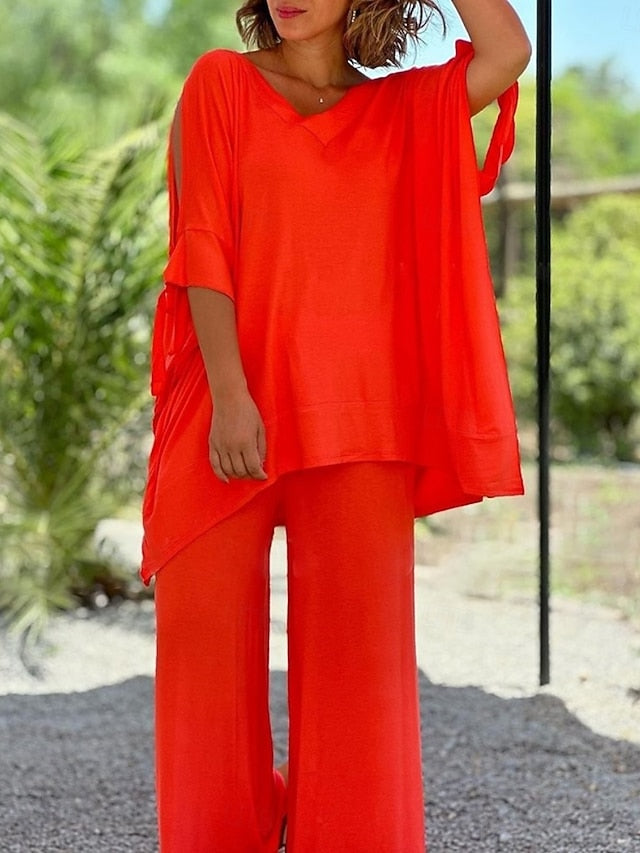 Women's Pants Sets 3/4 Length Sleeve V Neck Solid Color
