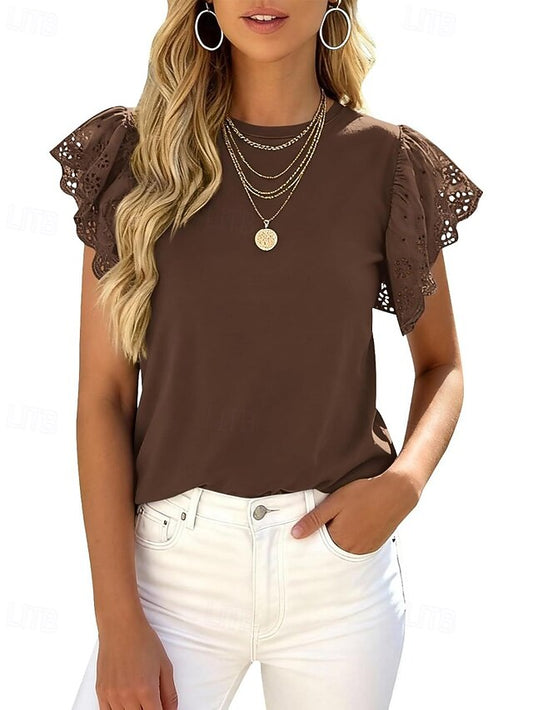 Women's T Shirt Eyelet Plain Classic Casual Short Sleeve