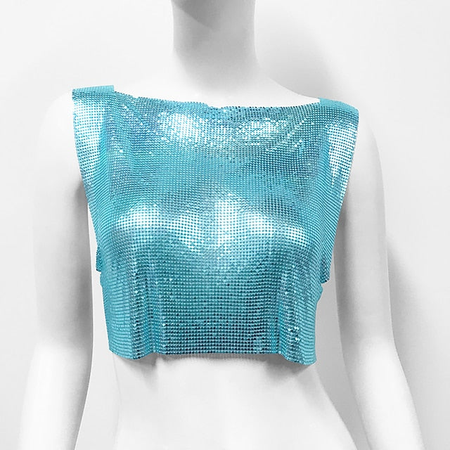 Metallic Sparkle Sexy Crop Tank Top Disco Solid Color Fancy