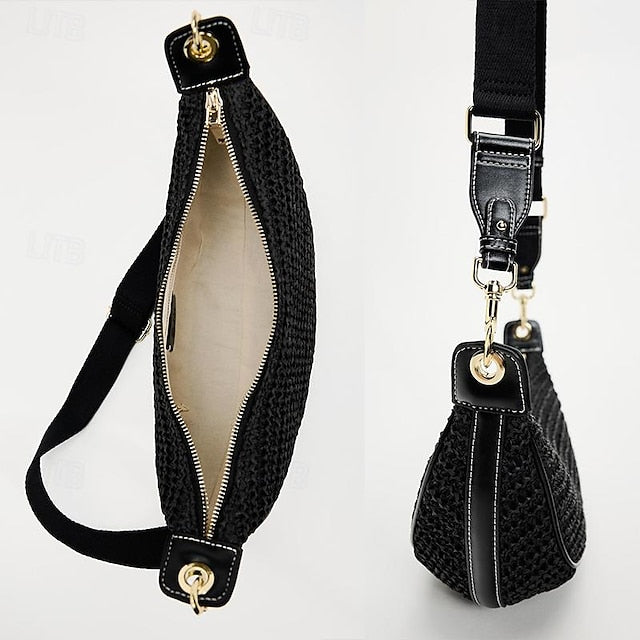 Sac bandoulière bohème en cuir de paille pour femme avec bandoulière réglable