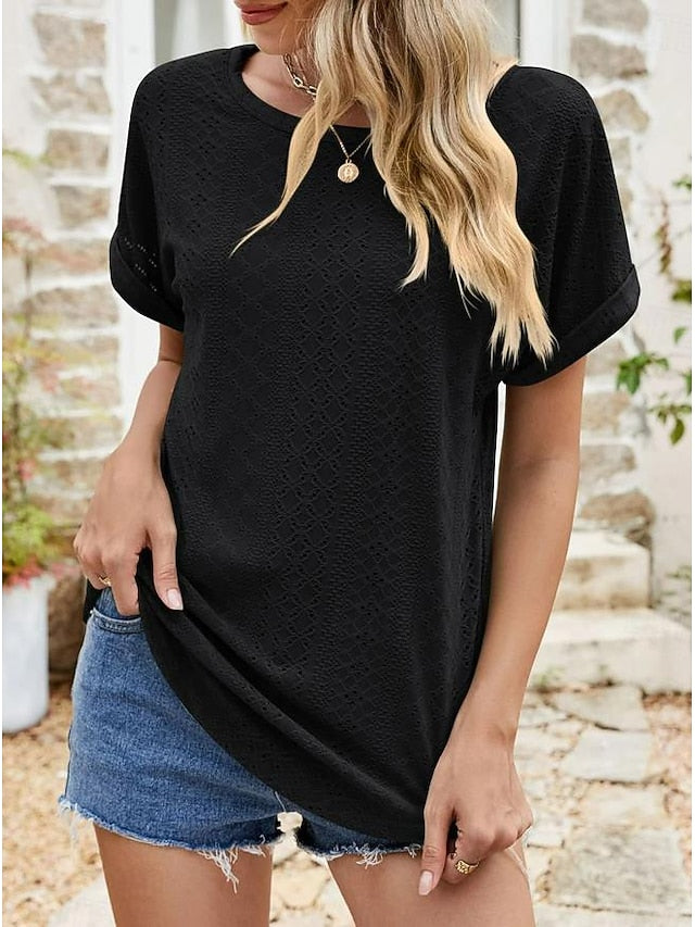 Women's Texture Blouse Eyelet Top Pointelle Tee Tunic