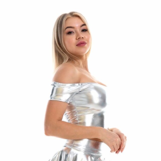 Metallic 1980s Shiny Latex Patent Crop Top PU Leather Off