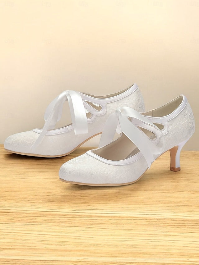 Pumps - Lace Bridal with Satin Elegant Ribbon Vintage White Ties