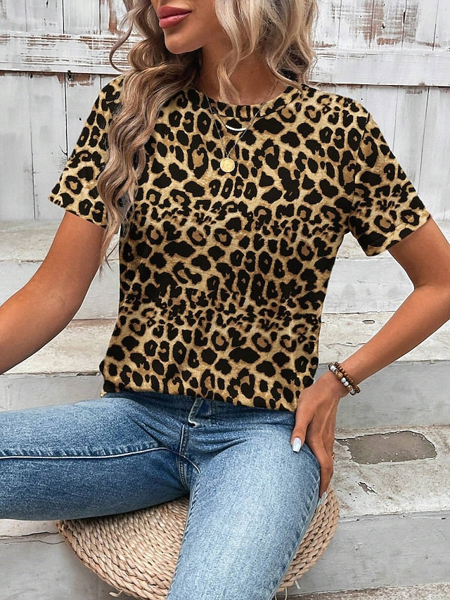 Women's T Shirt Print Leopard Casual Short Sleeve Round