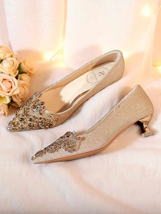 Pumps Low with Gold Heel Women's Pointed-Toe Glitter